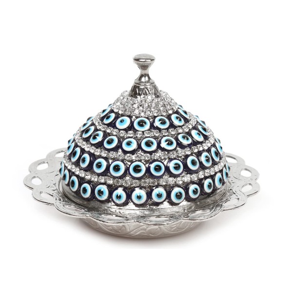 Alisveristime Coated Handmade Brass Sugar Chocolate Candy Serving Bowl with Lid (Evil Eye Silver)