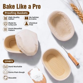 Dimeho Bread Proofing Basket Set, 10" Oval and 9.7" Round Bread Baking Supplies Round Bread Proofing Baskets Kit Tools with Bread Lame Dough Whisk Bowl Scraper Sourdough Scraper