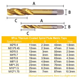 Wolfride 9pcs Titanium Spiral Flute Tap Set Metric Machine Tap Set M2 M2.5 M3 M4 M5 M6 M8 M10 M12