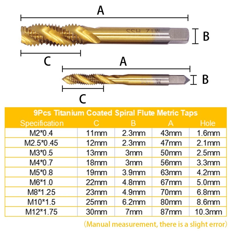 Wolfride 9pcs Titanium Spiral Flute Tap Set Metric Machine Tap