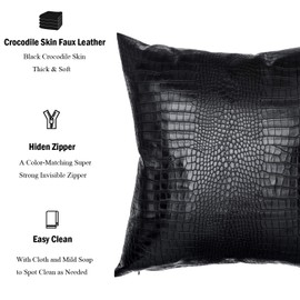 HDDahua Faux Leather Throw Pillow Covers, Square 26x26 inches Black Crocodile Skin Leather Pillow Case, Modern Faux Leather Cushion Covers for Couch Bed Sofa