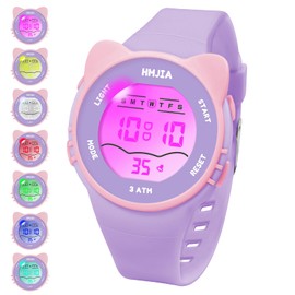 HMJIA Children's Watch Girls with Cat Motif Necklace Set 3ATM Waterproof Watch with Alarm Stopwatch LED Light Children's Watch Digital Birthday for 3-12 Years Girls, Purple, Strap.