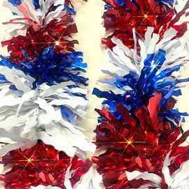 33 Ft 4th of July Patriotic Tinsel Garland Decoration Red White Blue Chunky Glitter Metallic Tree Garland for Independence Day, Hanging Star Garlands Decoration for Memorial Day Veterans Day Decor