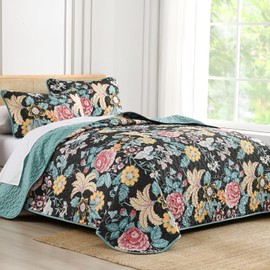 Luxudecor Floral Quilt Set Queen Size 3 Pieces Vintage Flower Bedspread with Pillow Shams Soft Microfiber Coverlet Bedding Set Reversible Bed Cover for All Seasons Black & Blue