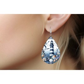 Twisted R Design Earrings, Blue Lighthouse Print Wood Dangle Teardrop Print Earrings Jewelry