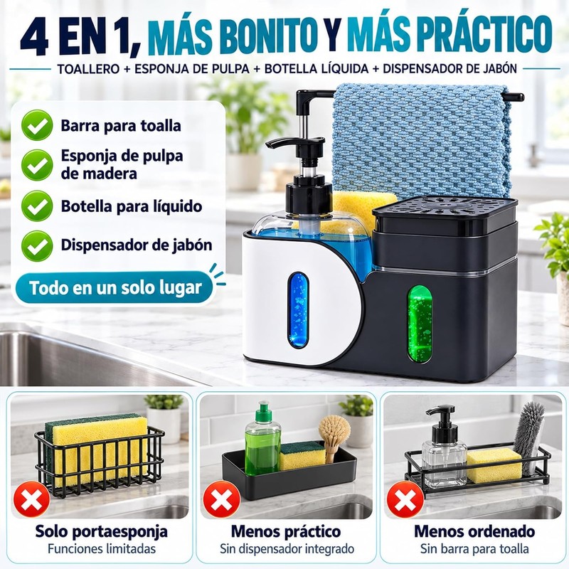 Dispensador de Jabón para Cocina 4 en 1 con Soporte