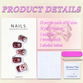 Christmas Press on Nails Short Square Winter Fake Nails Wine Red Full Cover Snow Santa Claus False Nails with Elk Designs Glossy Glue on Nails Cute Acrylic Manicure Artificial Nails for Women Girls