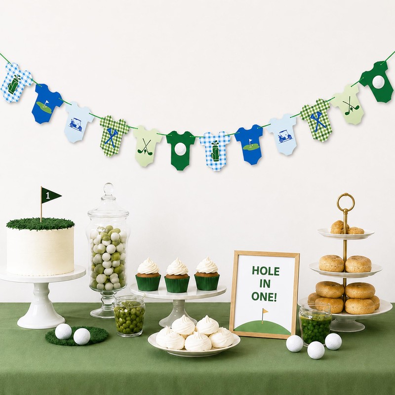 Golf Baby Bodysuit Banner, Green Gingham Baby Shower & 1st