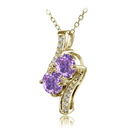 Plata de Ley Chapados en oro amarillo imitación Gemstone redondo dos piedra y acentos de CZ. Collar con Dije