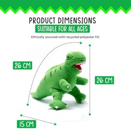 Best Years | Knitted Green T Rex Dinosaur Soft Toy | Ideal Kids Gift | Perfect Dinosaur Toys | Baby Safe from Birth | Machine Washable | 26cm x 26cm | Ethically Sourced