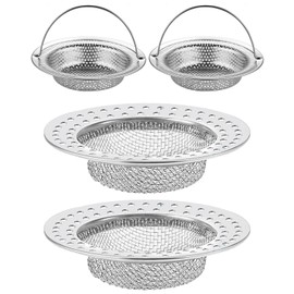 CULEB Pack of 2 Drain Strainer with Handle + 2 Pieces Bath Drain Strainer, Stainless Steel Drain Filter for Kitchens and Bathroom Sinks, Clogging Protection
