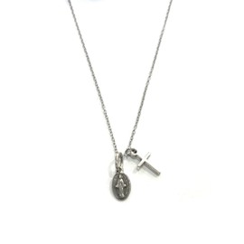 De Bussy 2 x Miraculous Virgin Necklace and Cross in Silver Plated Metal with Chain Metal, Metal