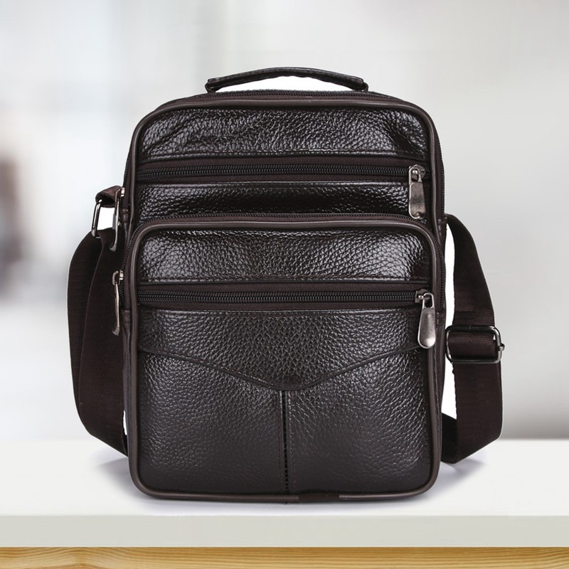 Business Shoulder Bag Black Cowhide Metal Zippers Large Capacity Business