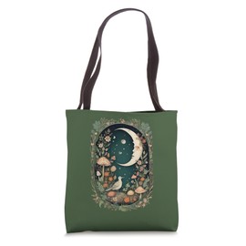 Aesthetic Goblincore and dark Cottagecore Mushroom Moon Bird Tote Bag