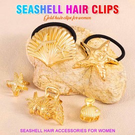 BARTOSI Shell Claw Clips Gold Starfish Hair Claw Clips Elastic Seashell Hair Ties Beach Hair Accessories for Women and Girls (Pack of 5)