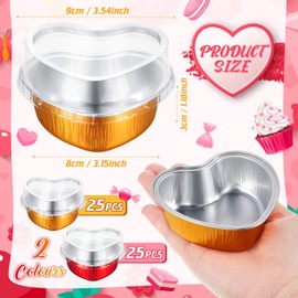 Honeydak 50 Sets Valentine Heart Shaped Cake Pans with Lids Aluminum Foil Cupcake Pans 3.4 oz Mini Disposable Cake Baking Cupcake Cups for Valentine Wedding Birthday(Classic Style,Red, Gold)