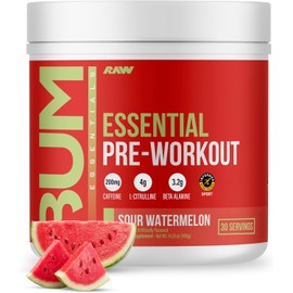 RAW Essential Pre-Workout Powder (Sour Watermelon) - Chris Bumstead Sports Nutrition Supplement for Men & Women - Preworkout Energy Powder with Caffeine, L-Citrulline, L-Tyrosine, & Beta Alanine Blend