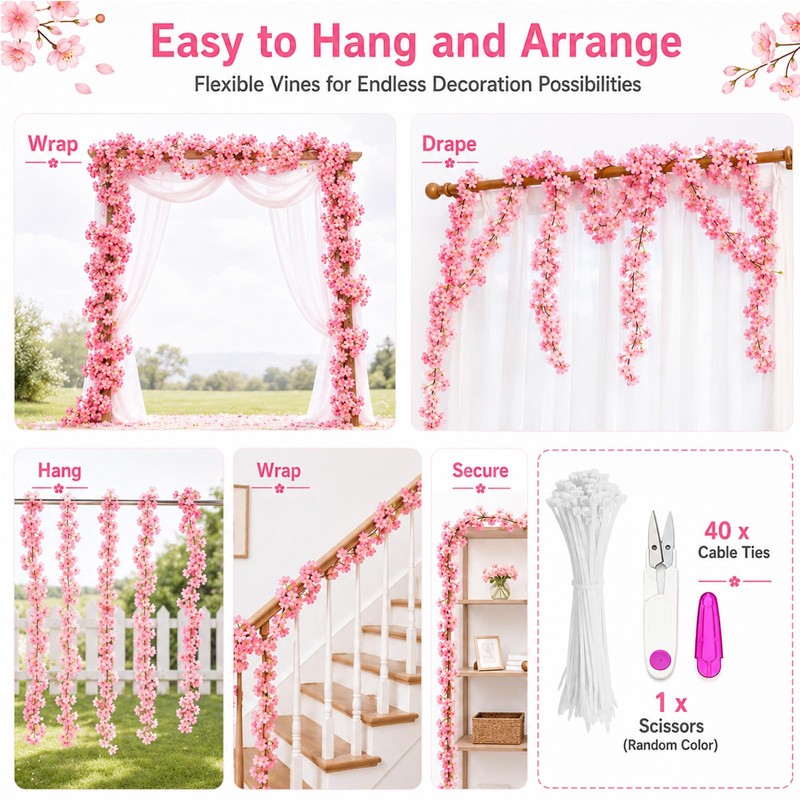 Pownert 4 Pcs 180cm Cherry Blossom Flower Garland Vines Set,