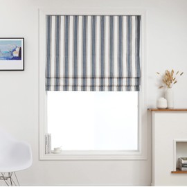 Everyday Celebration Roman Shades for Windows, 100% Blackout Shades, Cordless Pull Down Window Shades, Vertical Stripe Shades Indoor Windows, Woven Fabric Blinds & Shades, (Denim Bleu) 30" W X 64" H