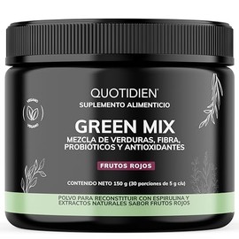 Quotidien | Green Mix Jugo Verde en Polvo con Té Matcha, Espirulina, Té Verde, Espinaca, Clorofila, Moringa, Melena de León, Enzimas Digestivas, Probióticos y muchos más | Super Blend Sabor Frutos Rojos | 30 porciones