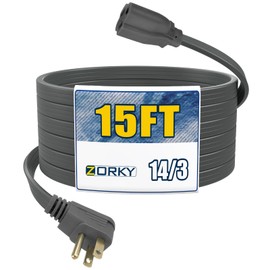 Zorky 15 Ft Heavy Duty Appliance Extension Cord, 14 Gauge 3 Prong Grounded Flat Plug Power Cable for Air Conditioners, Refrigerators, Microwaves, Washing Machines, 15A 1875W, Gray