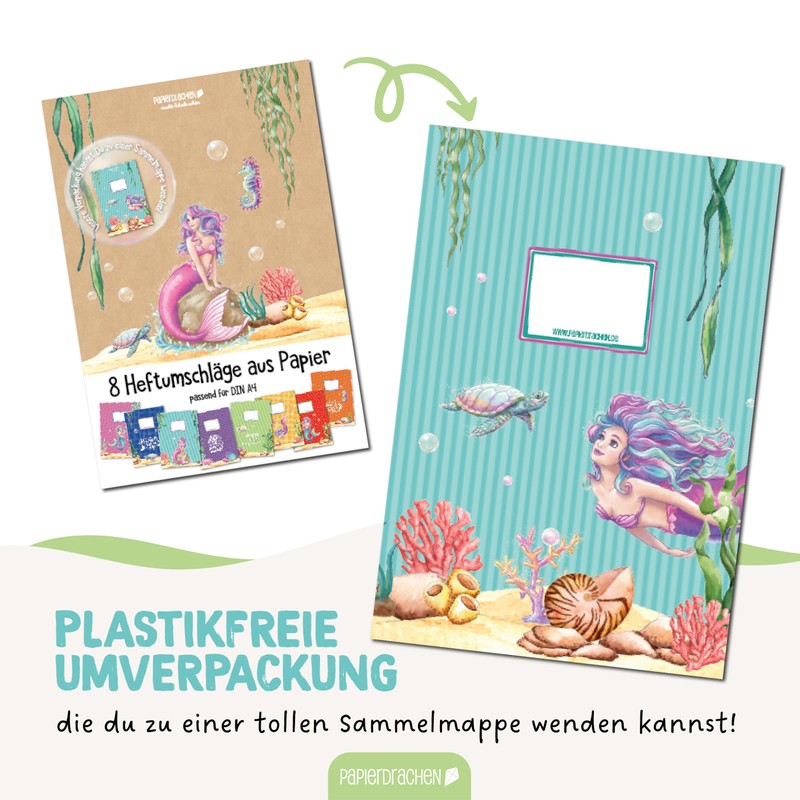 Papierdrachen 8 high-quality paper notebook covers for children, A4, mermaid