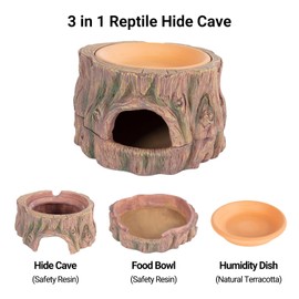 CAVACHEW 3 in 1 Reptile Hide Cave with Detachable Base & Humidity Dish, Essential Tank Terrarium Decor Humid Hideout Accessories for Small Reptiles Crested Gecko, Leopard Gecko, Lizard, Snake, Crabs
