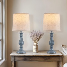 Piodo Lamps Set of 2 Vintage Rustic Farmhouse Table Lamps Bedside Reading Lamp Bedroom Nightstand Living Room Teapoy Lamp, Desk Light, 22 Inch High, Navy Blue, with Fabric Shade, Bulb Not Included