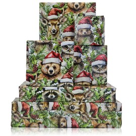 Vnaaem Woodland Animal Christmas Wrapping Paper for Boys Kids - Woodland Animal with Christmas Hat and Green Plants Design Gift Wrap for Christmas Birthday Holiday Party Baby Shower Winter Wedding,19.6 X27.9Inch(6 Sheets)