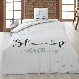 Familando Sweet Dreams Bed Linen 135 x 200 cm 100% Cotton Sleep Lashes Eyelashes Stars Bed Linen for Girls (Old Pink)