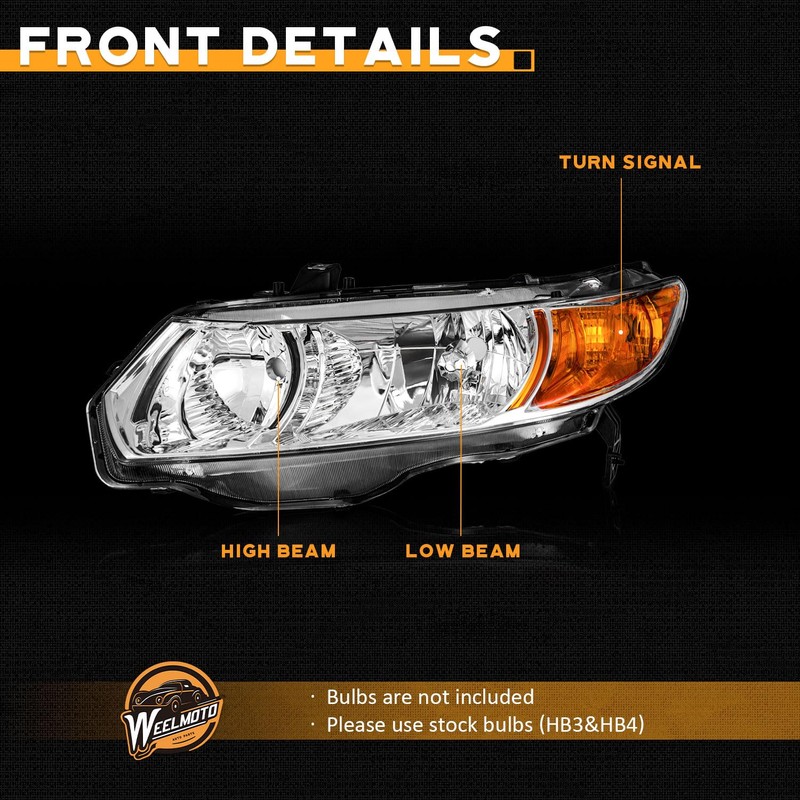 WEELMOTO Headlight for 2006-2011 Honda Civic 2-Door Coupe Assembly Pair