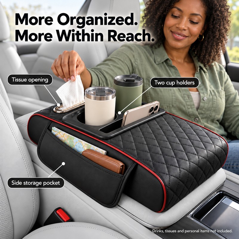 Auto Center Console Armrest Cushion With 2 Cup Holder PU