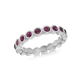 Tuscany Silver Women's Sterling Silver Rhodium Plated 3 mm Round Amethyst Crystal Rubover Set Band Stacking Ring, Size L