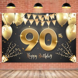 HAMIGAR 6x4ft Happy 90th Birthday Banner Backdrop - 90 Years Old Birthday Decorations Party Supplies for Women Men - Black Gold