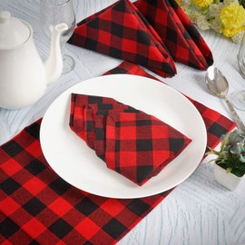 FINGERCRAFT Cloth Napkins, Everyday Use, Premium Quality, Cotton Buffalo Plaid, Set of 12, 20X20 Inch Oversized Napkins Cloth Mitered Corners, Soft, Durable Hotel Quality Red Black Checkered