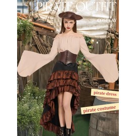 Women's Pirate Costumes Dress Renaissance Top Pirate Skirt with Corset Belt Beige L