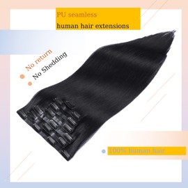 DIYOMO Seamless Hair Extensions - Real Human Hair,Human Hair Extensions Clip in Hair Extensions 120g 7pcs PU Skin Weft for Women Clip In Hair Extensions Real Human Hair 14Inch Light Jet black#1