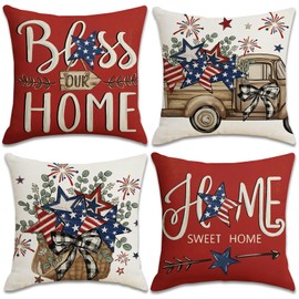 4th of July Pillow Covers 16x16 Inch Set of 4 Rustic Americana Charm Style, Patriotic Red White and Blue Throw Pillow Covers,Summer Outdoor Couch Bed Decor, Independence Memorial Day Party Decorations