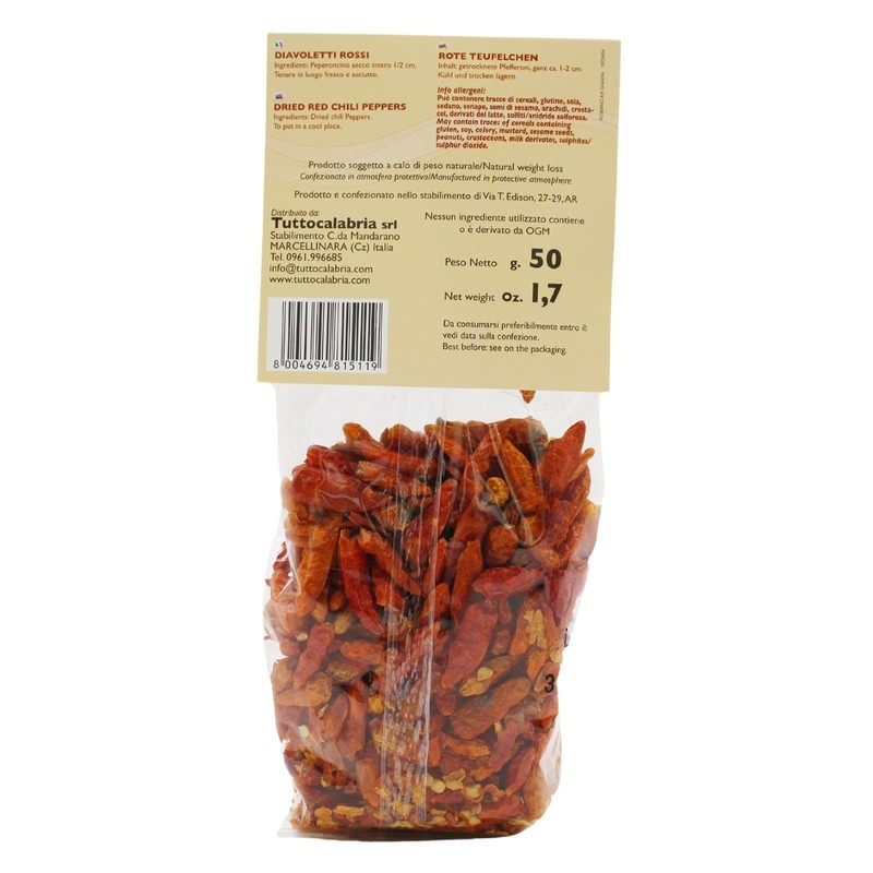 TUTTOCALABRIA Calabrian Diavoletti Rossi, Small Dried Spicy Hot Chili Peppers,