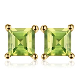 JewelryPalace Square 0.7ct Natural Peridot Stud Earrings for Women, Green Solitaire Natural Gemstone 925 Sterling Silver 14k Yellow Gold Plated Earrings for Girls, Anniversary Earrings for Her