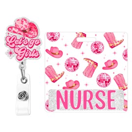 Cheerupp Disco Cowgirl Glitter Badge Buddy Card Holder and Badge Reel with Swivel Alligator Clip for Nurse, Western Rodeo Cowboy Nursing Acrylic Identity ID Badge Protector ID Card Holder Accessories