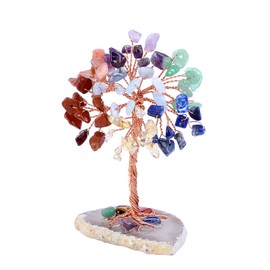 Jovivi Natural 7 Chakra Healing Crystals Tree on Agate Slice Base Healing Stones Gem Money Tree for Feng Shui Home Office Table Decorations