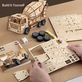 Wooden 3D Puzzle Concrete Mixer Truck Model Kit, DIY Construction Toy, 25.5 x 9 x 13 cm, with Gear Drive