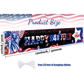 Happy 4th of July Banner 120x20 Inch, 4th of July Yard Banner, 4th of July Decorations for Outside, 4th of July Party Decorations, Patriotic Decorations, Independence Day Decorations