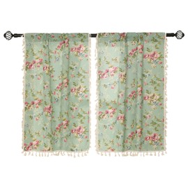 Moslovstar 2 Panels Linen Tassels Curtains Farmhouse Floral on Green Vintage Semi Sheer Window Curtain for Kitchen Bathroom, 26x18in Valances