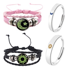 EOWVISN 2 Pieces Braided Leather Bracelets and 2 Pieces Luminous Rings, Adjustable Bracelets, Sun and Moon Themed Jewelry, Couple Jewelry.