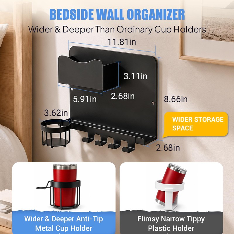 Metal Bedside Wall Shelf, No Drill Floating Bedside Shelf Wall
