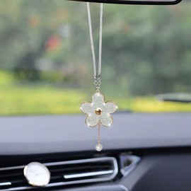 Bling Car Hanging Charm Accessories, Crystal Flower Car Rear View Mirror Pendant Decoration, Car Interior Ornament Accessories for Women Girls Presents (White)