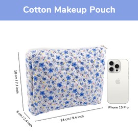 Yovell Quilted Makeup Bag Floral Makeup Bag Cute Make Up Pouch Travel Organizer Toiletry Cotton Cosmetic Bags for Women Girls (Blue Flower)
