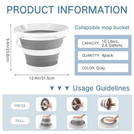 Pickmesh 4 Pcs Collapsible Bucket 2.6 Gallon (10l) Large Capacity Portable Cleaning Bucket for Household for Outdoor Fishing Car Wash(Gray)